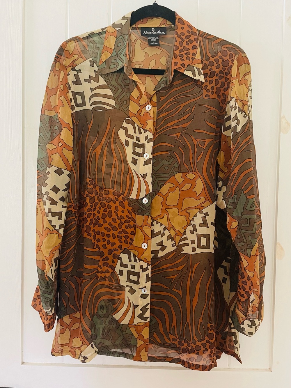 Vintage Animal Print Safari Silk Long Sleeve Button Down Shirt Top Blouse Size S